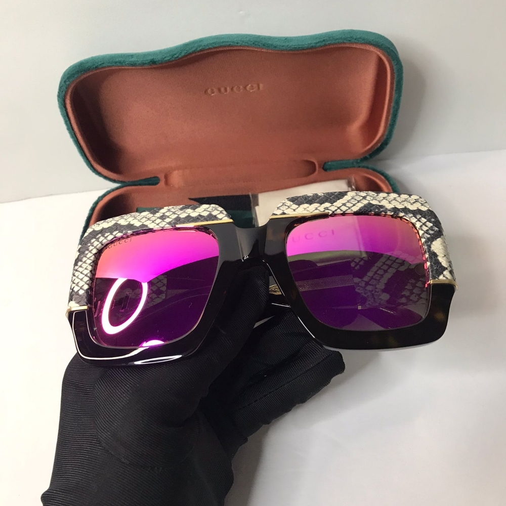 New- 💯 Original Gucci 0484 Havana Pink Snake Fantasy Leather Fashion Oversize - Picture 11 of 17